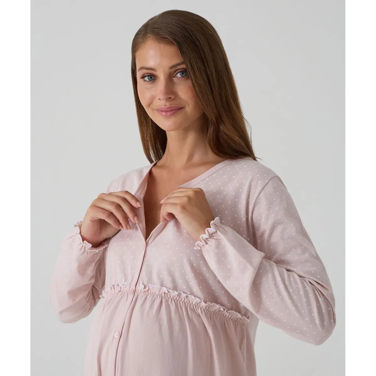 Camisón premamá rosa con volantes y lunares para embarazo y lactancia*Prenatal Discount