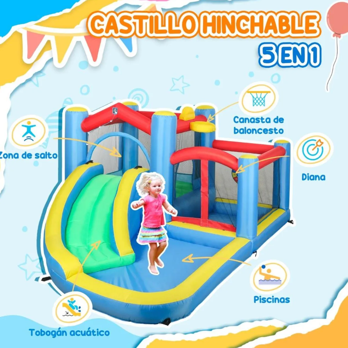 Castillo inflable 5 en 1 con tobogán y piscinas*AIYAPLAY Discount