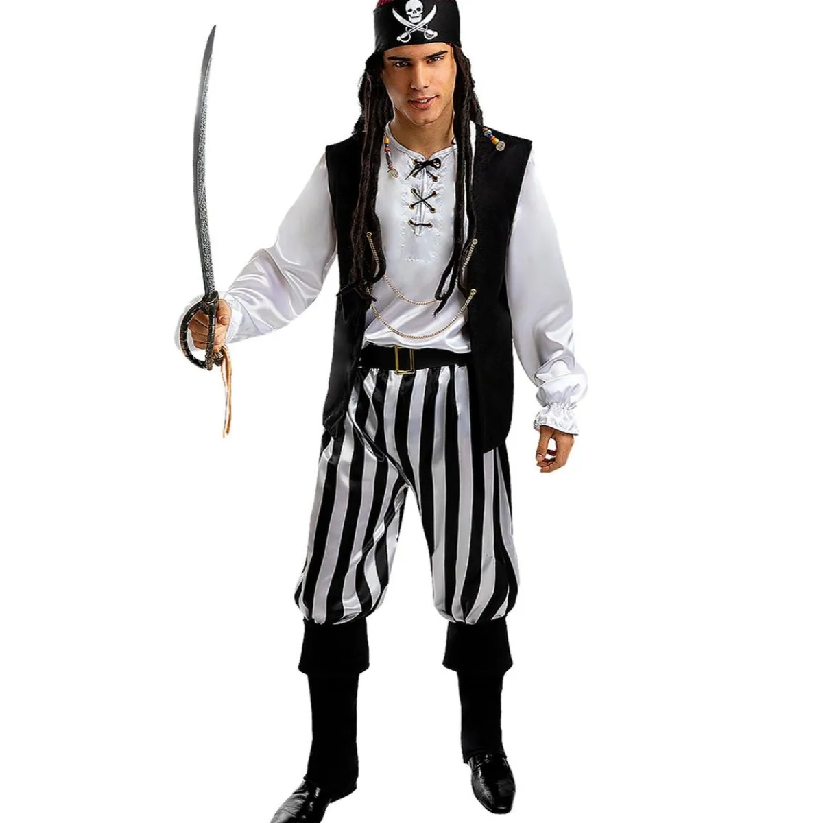 Online Disfraz de pirata a rayas para hombre - Colección blanca y negra L Disfraces|Halloween