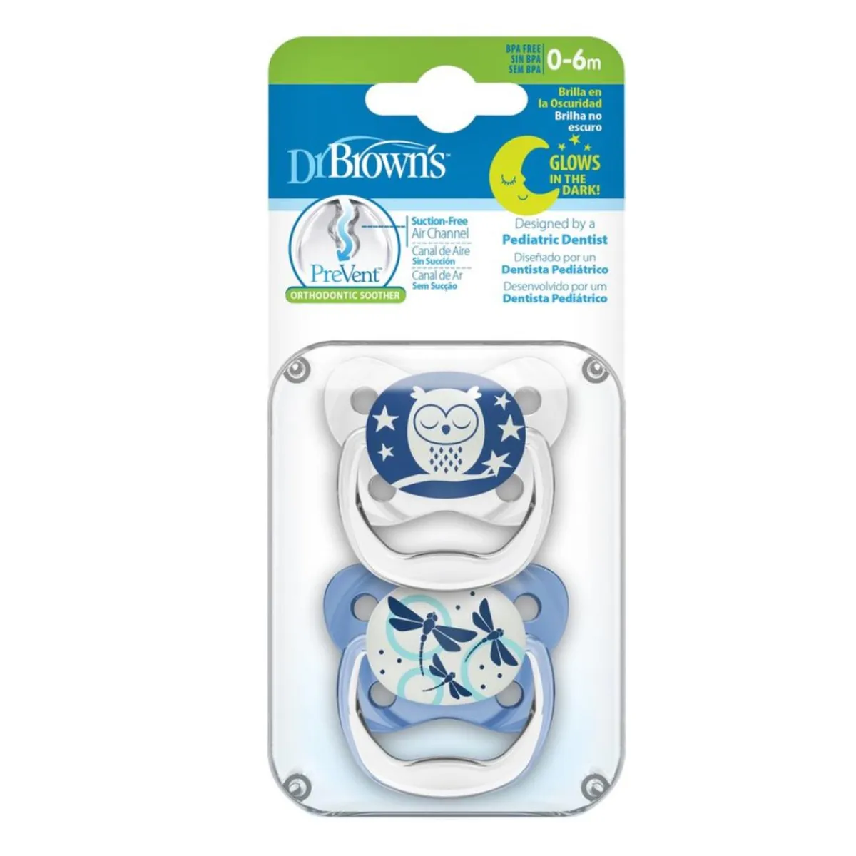 - 2 Chupetes Prevent Nocturno 0-6M Azul*DR. BROWN'S Hot