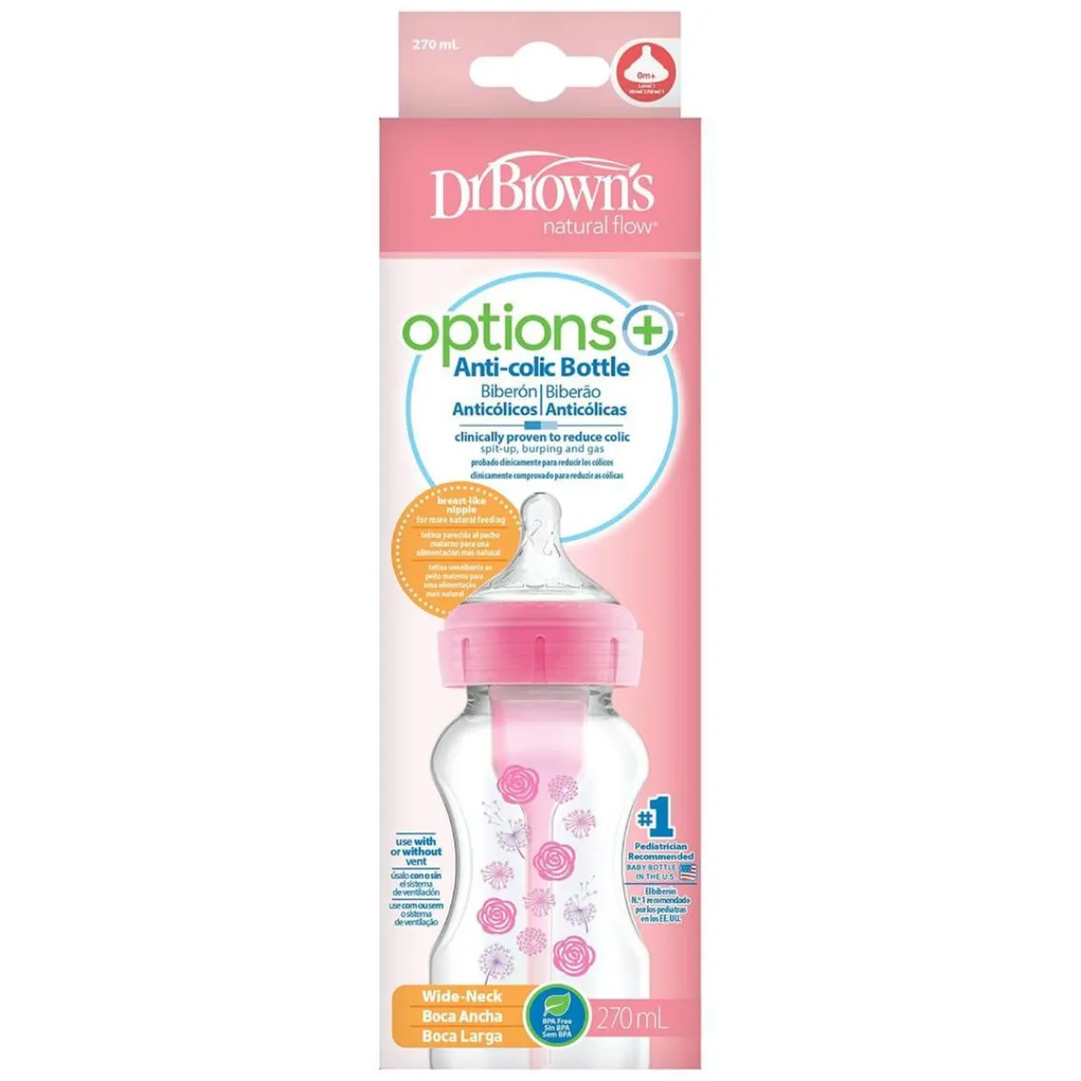 - Biberón Anticólico Options+ Boca Ancha 270 ml - Rosa*DR. BROWN'S New