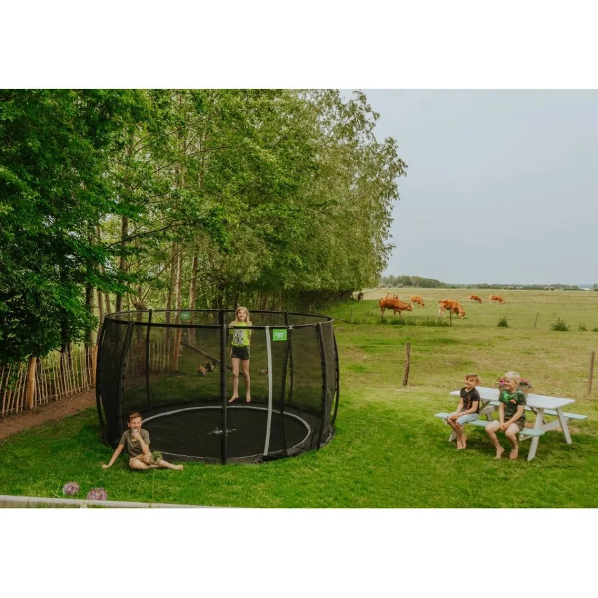 Exit - Cama elástica de suelo Dynamic 366 cm negro con red de seguridad*Exit Toys Online