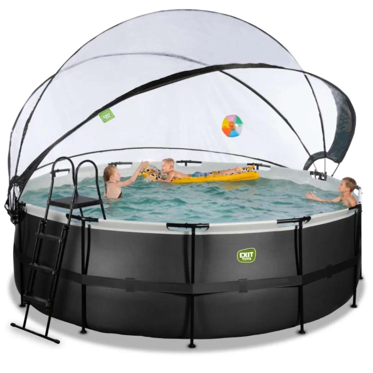 Exit - Piscina Black Leather diámetro 427 x 122 cm con filtro de arena, cúpula y bomba de calor*Exit Toys Hot