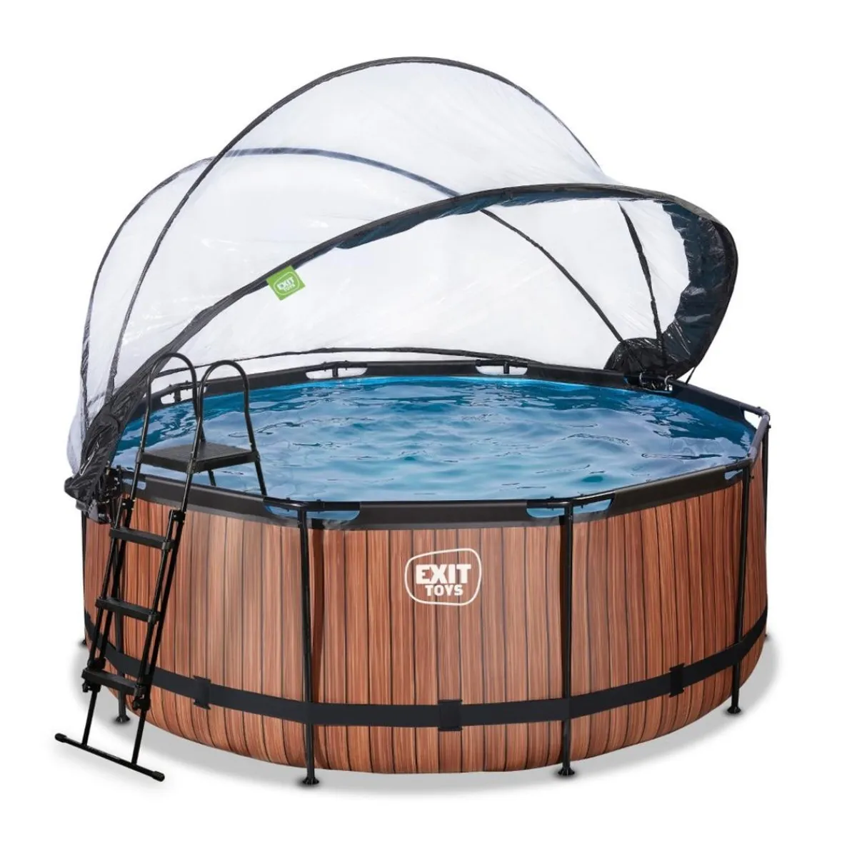 Hot Exit - Piscina Wood efecto madera marrón diámetro 360 x 122 cm con filtro de arena, cúpula transparente y bomba de calor Piscinas|Juguetes De Verano