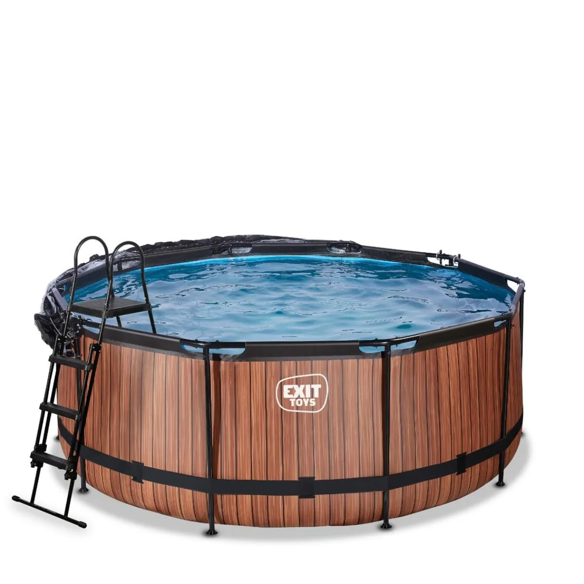 Hot Exit - Piscina Wood efecto madera marrón diámetro 360 x 122 cm con filtro de arena, cúpula transparente y bomba de calor Piscinas|Juguetes De Verano