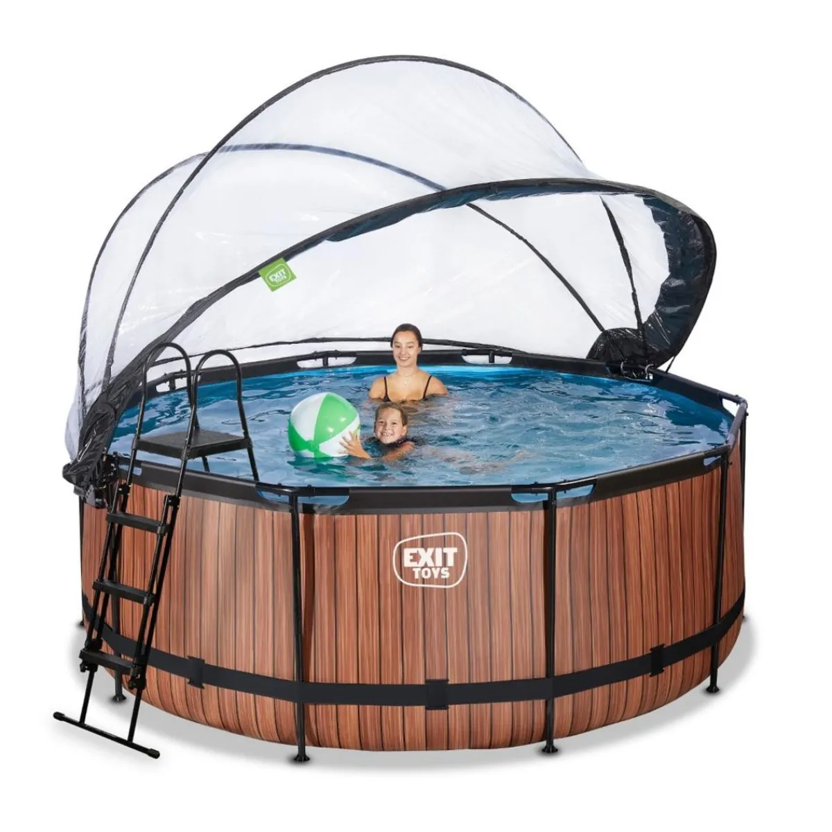 Hot Exit - Piscina Wood efecto madera marrón diámetro 360 x 122 cm con filtro de arena, cúpula transparente y bomba de calor Piscinas|Juguetes De Verano