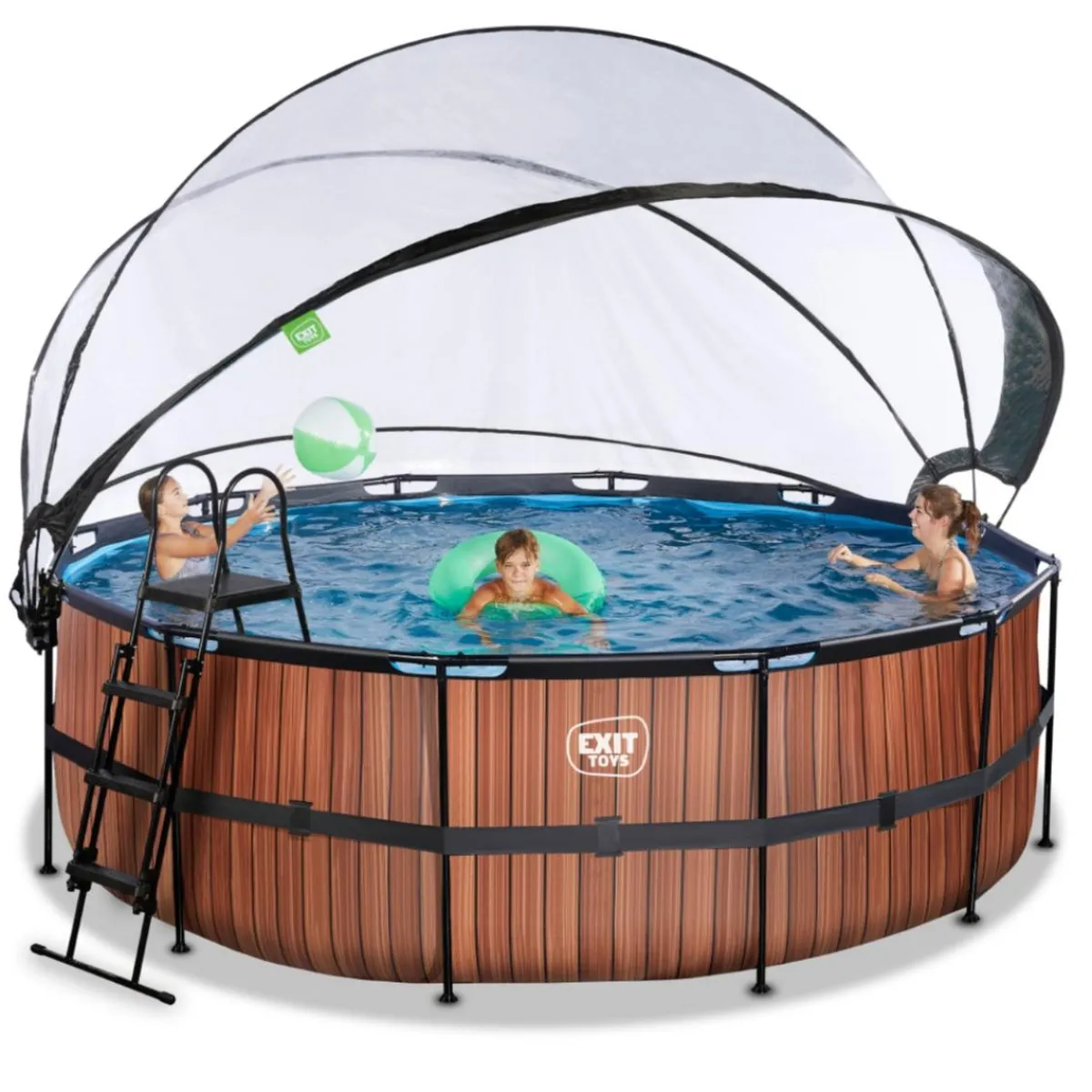 Exit - Piscina Wood efecto madera diámetro 427 x 122 cm con filtro de arena, cúpula y bomba de calor*Exit Toys