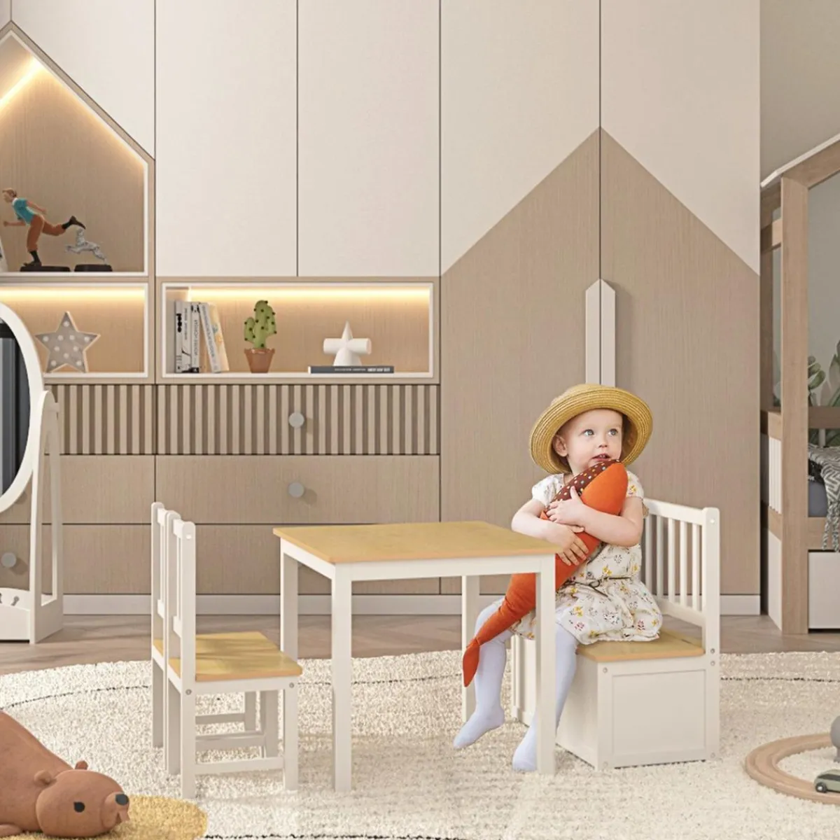 - Conjunto Mesa + Banco + 2 sillas infantiles Madera*Homcom Online