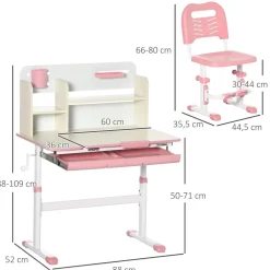 Outlet - Escritorio con estante y silla con altura ajustable Blanco y Rosa Estilo De Vida