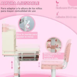 Outlet - Escritorio con estante y silla con altura ajustable Blanco y Rosa Estilo De Vida