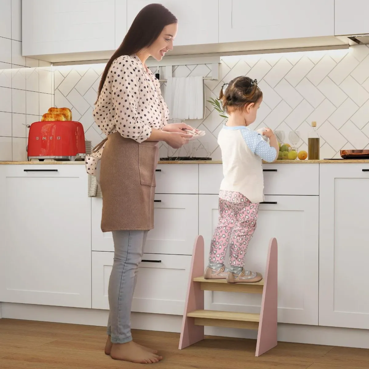 Homcom - Taburete Escalera infantil madera Rosa*AIYAPLAY Best