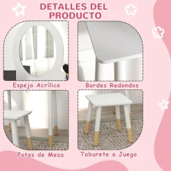 Clearance Homcom - Tocador básico con espejo y taburete madera Blanco Muñecas