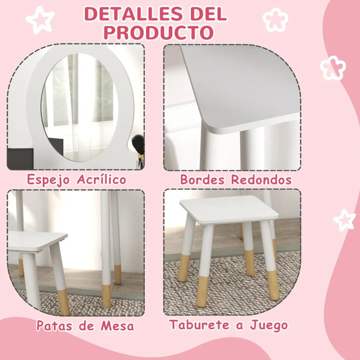 Clearance Homcom - Tocador básico con espejo y taburete madera Blanco Muñecas