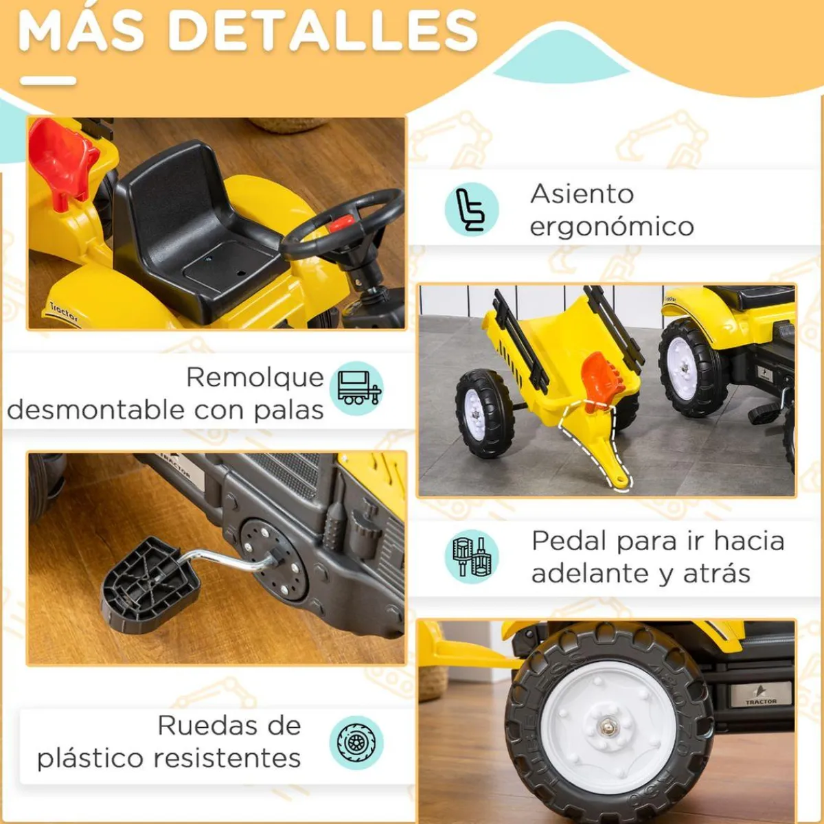 Hot - Tractor a pedales con remolque amarillo Vehículos De Batería O A Pedales