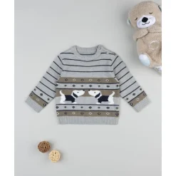 Jersey tricot bebé gris y marrón con perritos bordados*Prenatal Hot