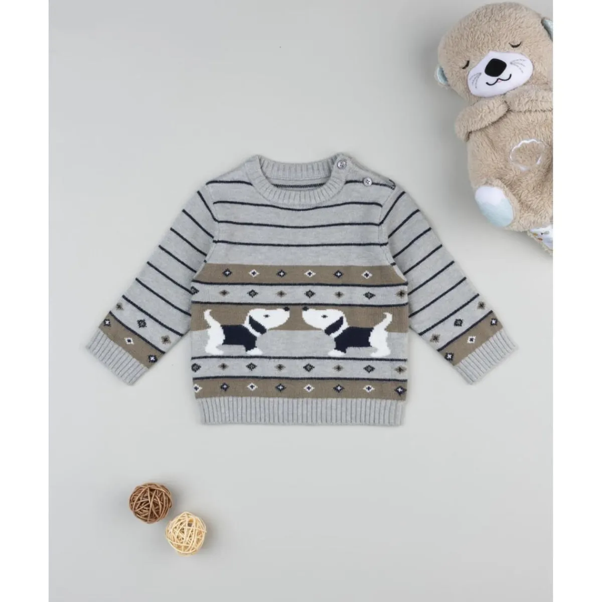 Jersey tricot bebé gris y marrón con perritos bordados*Prenatal Hot