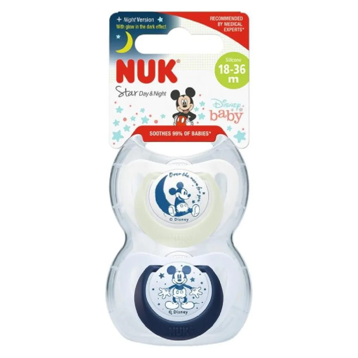 - Pack 2 chupetes Star Day & Night Mickey 18-36 meses*NUK New