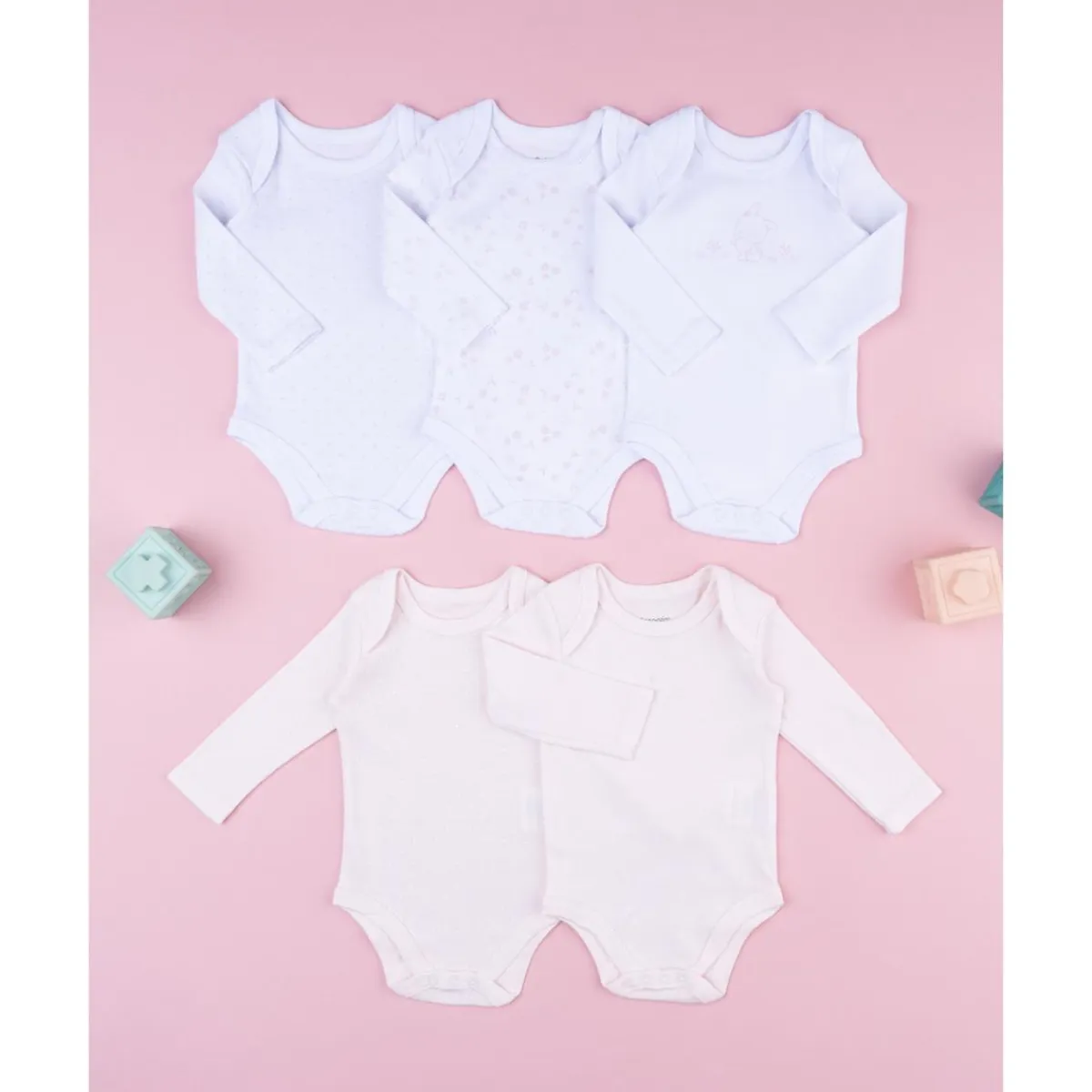 Pack 5 bodies de manga larga para bebé niña en blanco y rosa*Prenatal Clearance