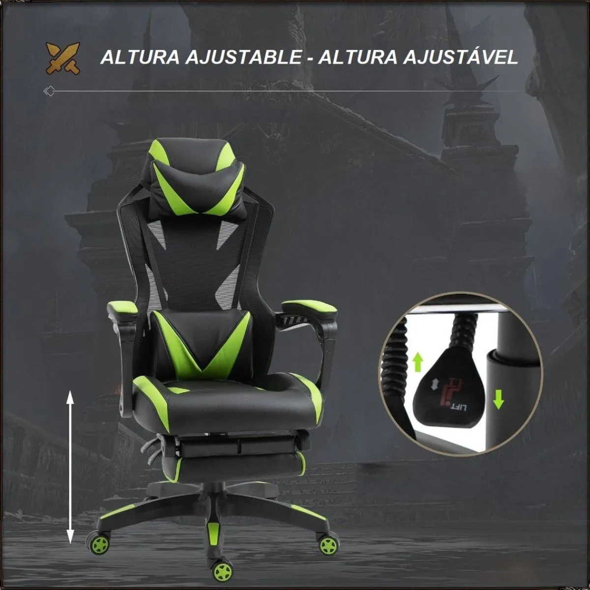 New Vinsetto - Silla Gaming ergonómica verde-negro Videojuegos