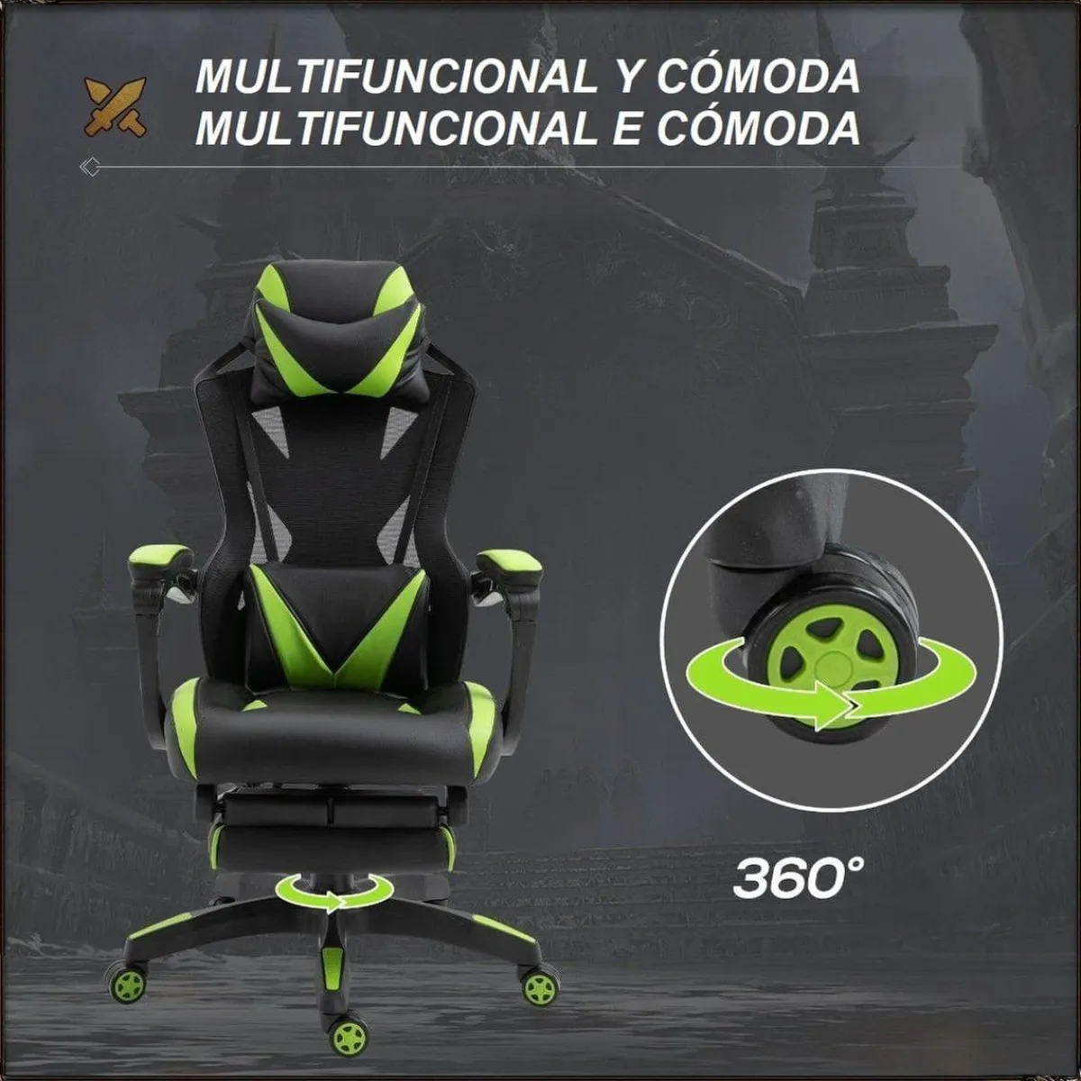 New Vinsetto - Silla Gaming ergonómica verde-negro Videojuegos